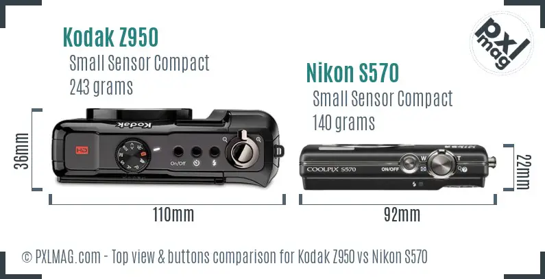 Kodak Z950 vs Nikon S570 top view buttons comparison