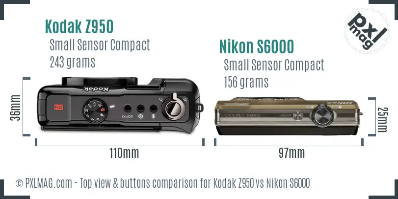 Kodak Z950 vs Nikon S6000 top view buttons comparison
