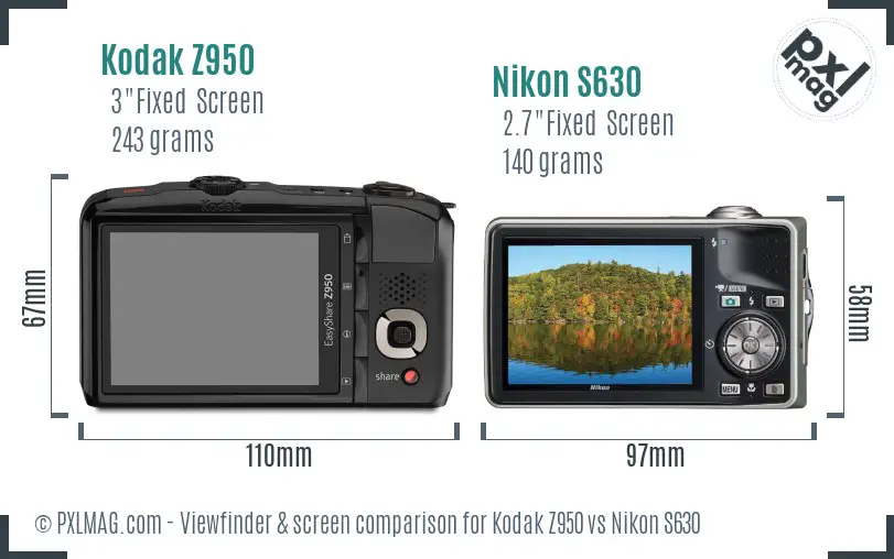 Kodak Z950 vs Nikon S630 Screen and Viewfinder comparison