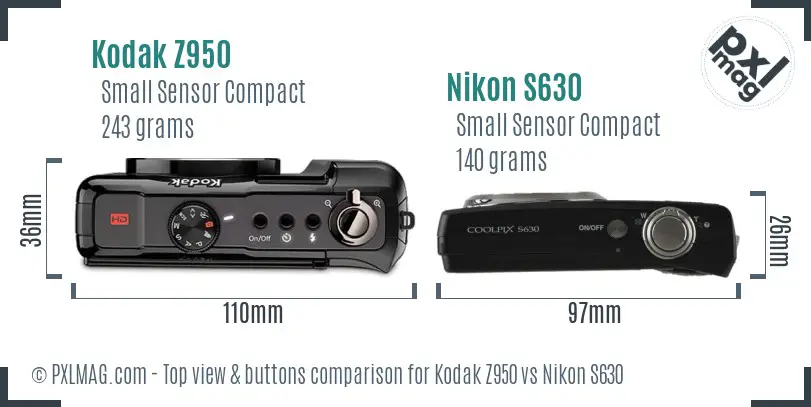 Kodak Z950 vs Nikon S630 top view buttons comparison