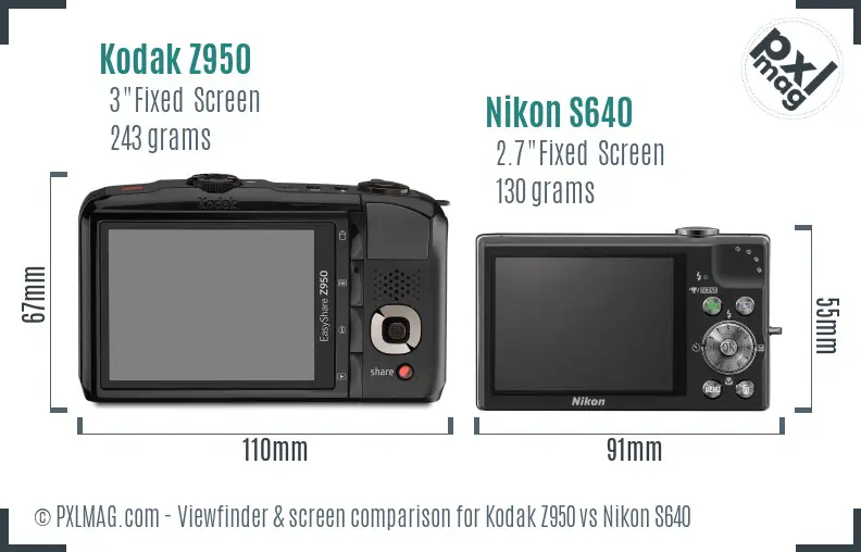 Kodak Z950 vs Nikon S640 Screen and Viewfinder comparison