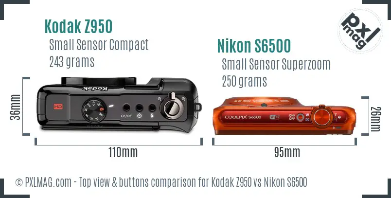 Kodak Z950 vs Nikon S6500 top view buttons comparison