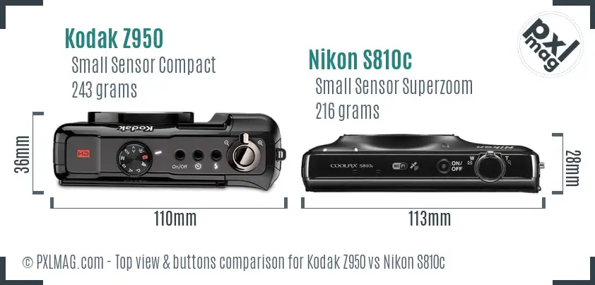 Kodak Z950 vs Nikon S810c top view buttons comparison