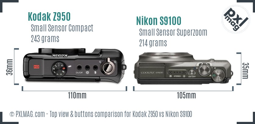 Kodak Z950 vs Nikon S9100 top view buttons comparison