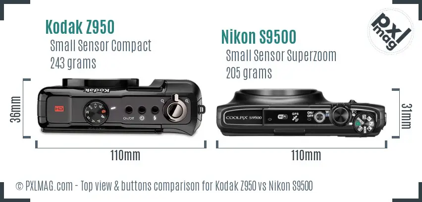 Kodak Z950 vs Nikon S9500 top view buttons comparison