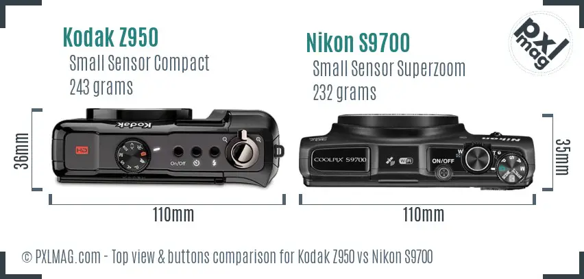 Kodak Z950 vs Nikon S9700 top view buttons comparison