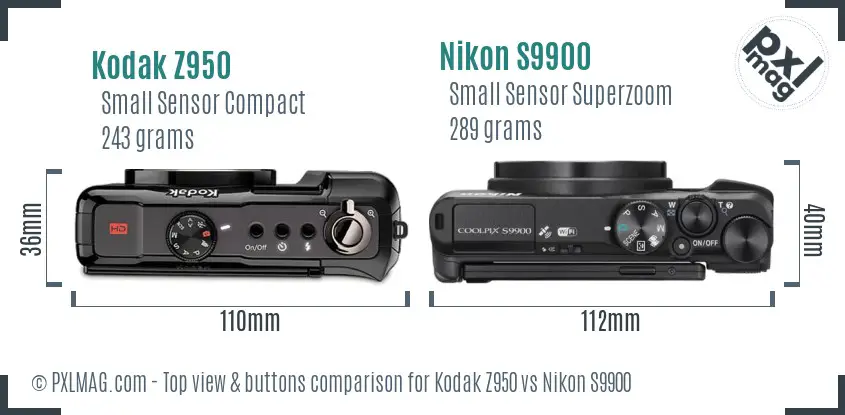 Kodak Z950 vs Nikon S9900 top view buttons comparison