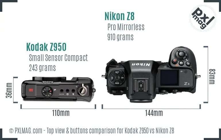 Kodak Z950 vs Nikon Z8 top view buttons comparison