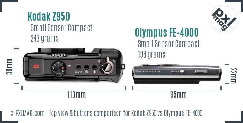 Kodak Z950 vs Olympus FE-4000 top view buttons comparison