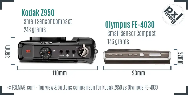 Kodak Z950 vs Olympus FE-4030 top view buttons comparison