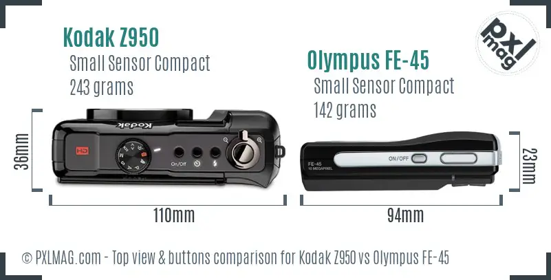 Kodak Z950 vs Olympus FE-45 top view buttons comparison