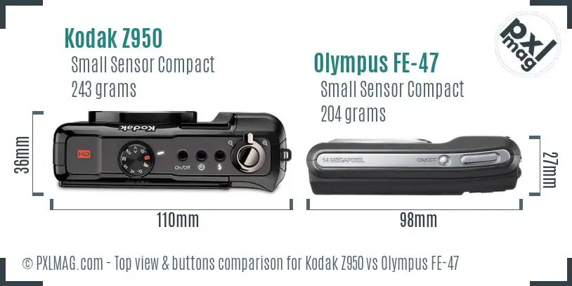 Kodak Z950 vs Olympus FE-47 top view buttons comparison Kodak Z950 vs Olympus FE-47 top view buttons comparison