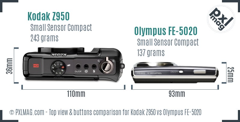 Kodak Z950 vs Olympus FE-5020 top view buttons comparison