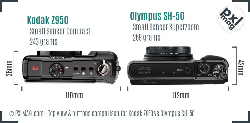 Kodak Z950 vs Olympus SH-50 top view buttons comparison