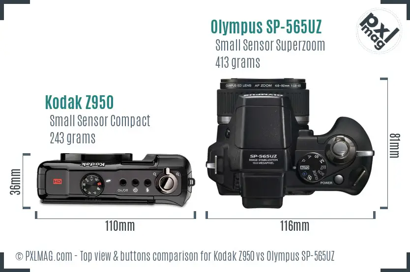 Kodak Z950 vs Olympus SP-565UZ top view buttons comparison Kodak Z950 vs Olympus SP-565UZ top view buttons comparison