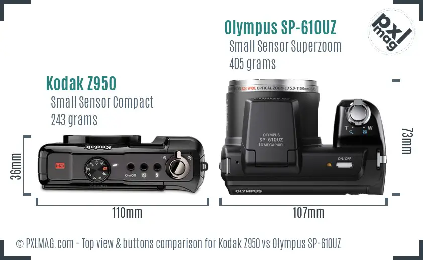 Kodak Z950 vs Olympus SP-610UZ top view buttons comparison Kodak Z950 vs Olympus SP-610UZ top view buttons comparison