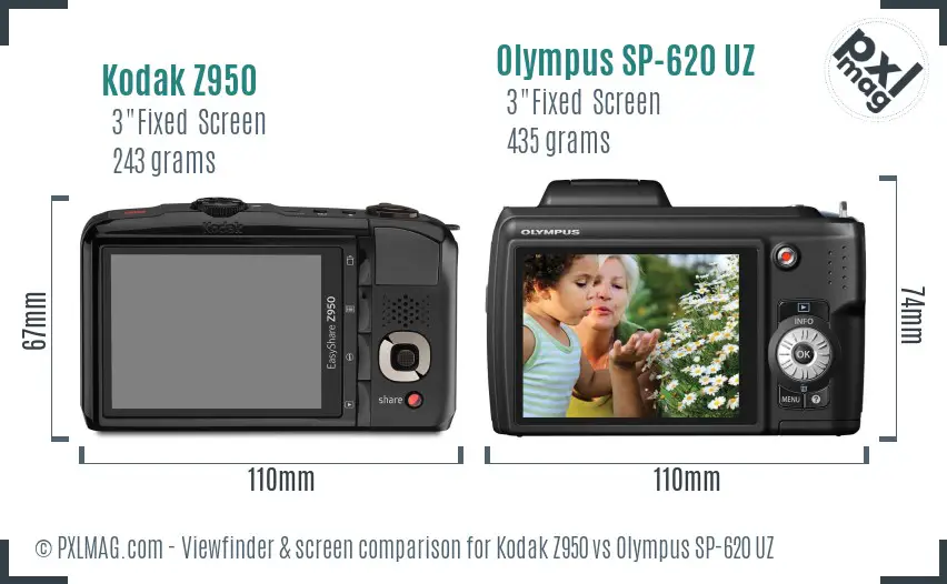 Kodak Z950 vs Olympus SP-620 UZ Screen and Viewfinder comparison