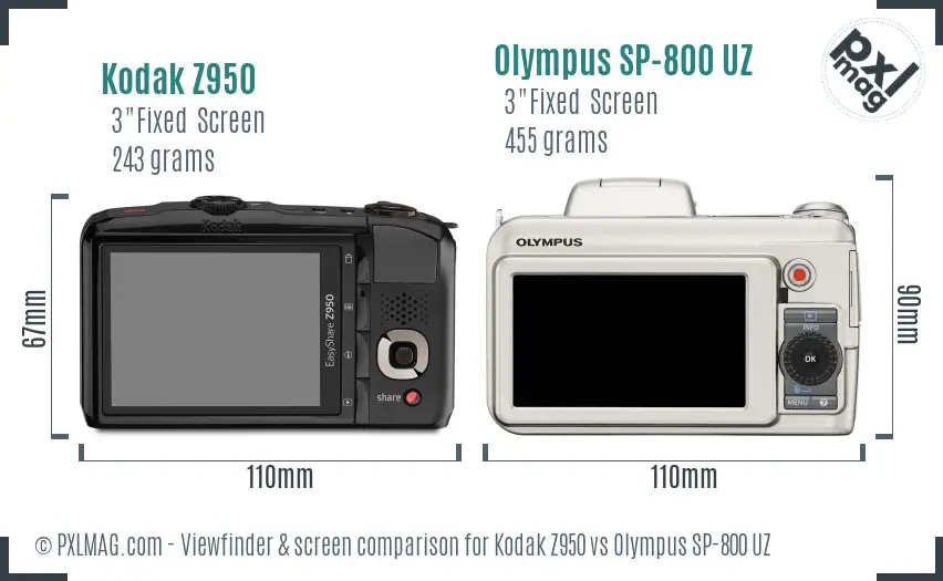 Kodak Z950 vs Olympus SP-800 UZ Screen and Viewfinder comparison