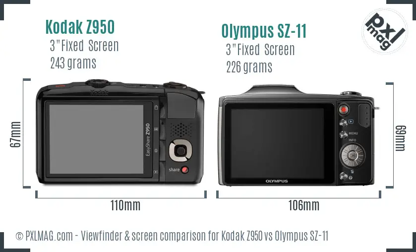 Kodak Z950 vs Olympus SZ-11 Screen and Viewfinder comparison