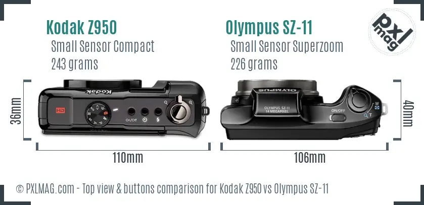 Kodak Z950 vs Olympus SZ-11 top view buttons comparison