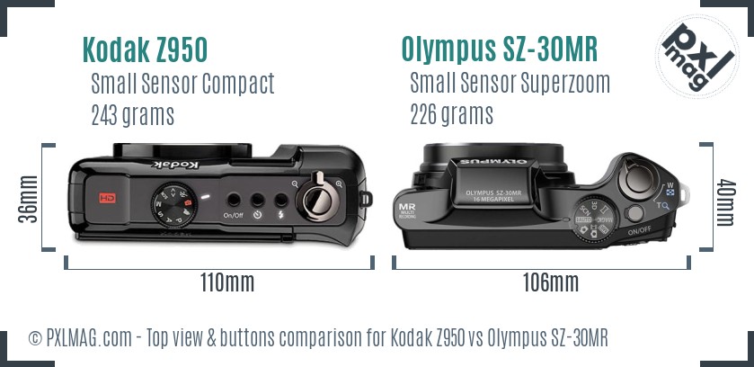 Kodak Z950 vs Olympus SZ-30MR top view buttons comparison
