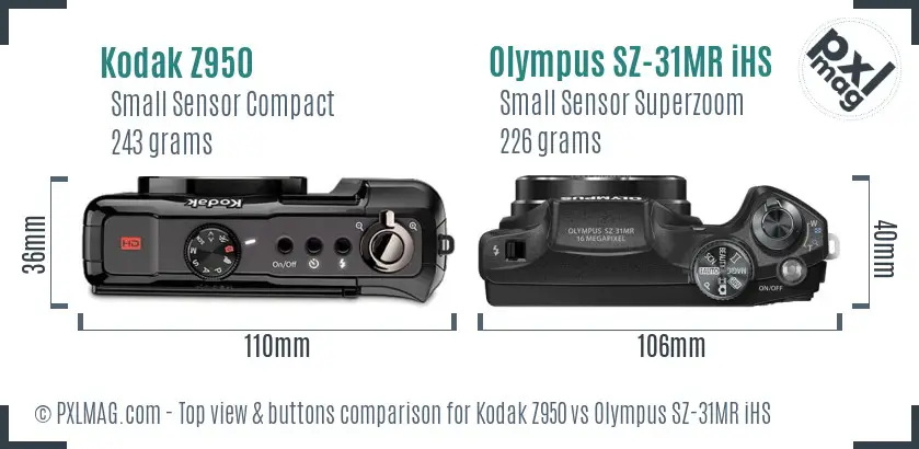 Kodak Z950 vs Olympus SZ-31MR iHS top view buttons comparison