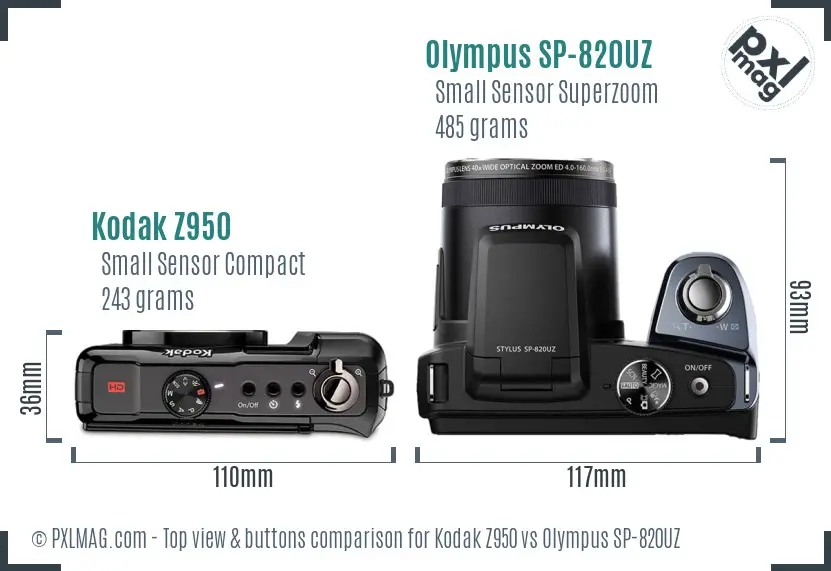 Kodak Z950 vs Olympus SP-820UZ top view buttons comparison