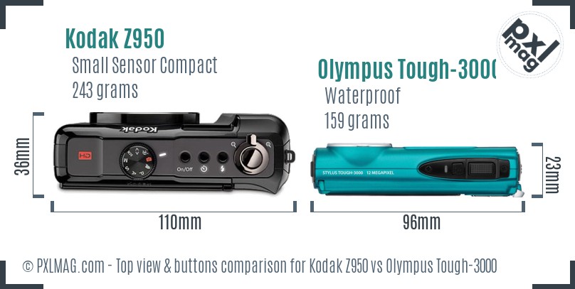 Kodak Z950 vs Olympus Tough-3000 top view buttons comparison