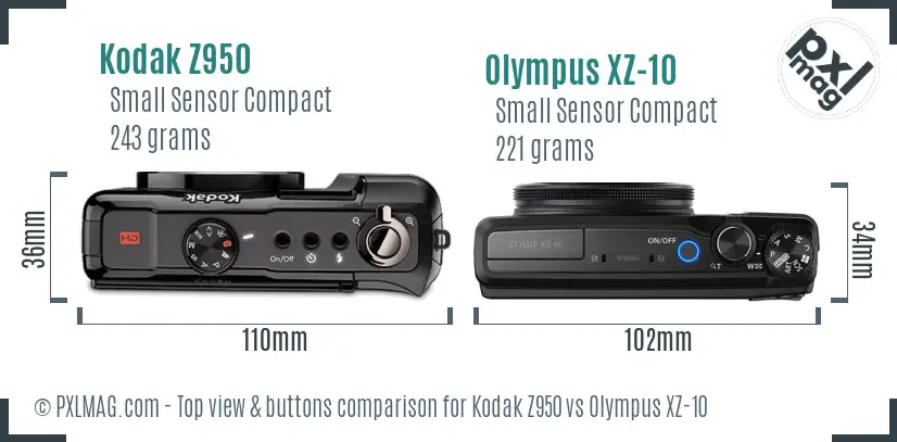 Kodak Z950 vs Olympus XZ-10 top view buttons comparison Kodak Z950 vs Olympus XZ-10 top view buttons comparison