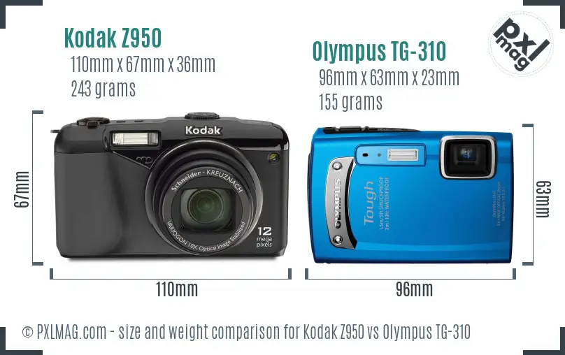 Kodak Z950 vs Olympus TG-310 size comparison