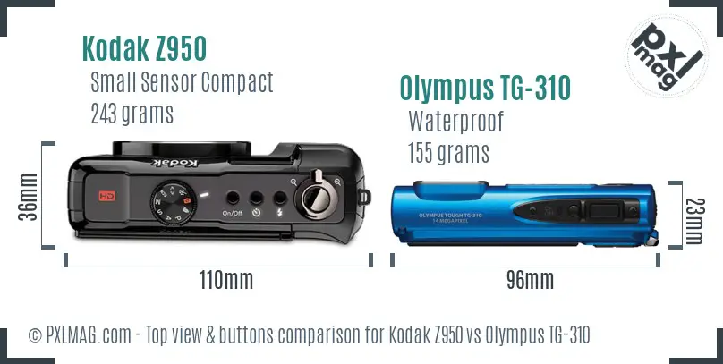 Kodak Z950 vs Olympus TG-310 top view buttons comparison