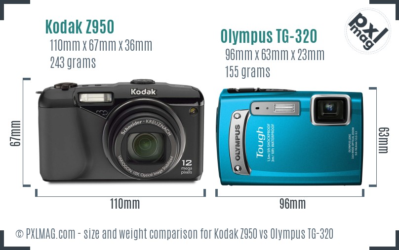 Kodak Z950 vs Olympus TG-320 size comparison