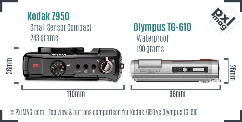 Kodak Z950 vs Olympus TG-610 top view buttons comparison