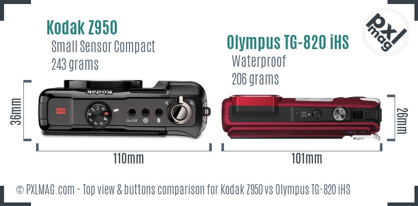 Kodak Z950 vs Olympus TG-820 iHS top view buttons comparison