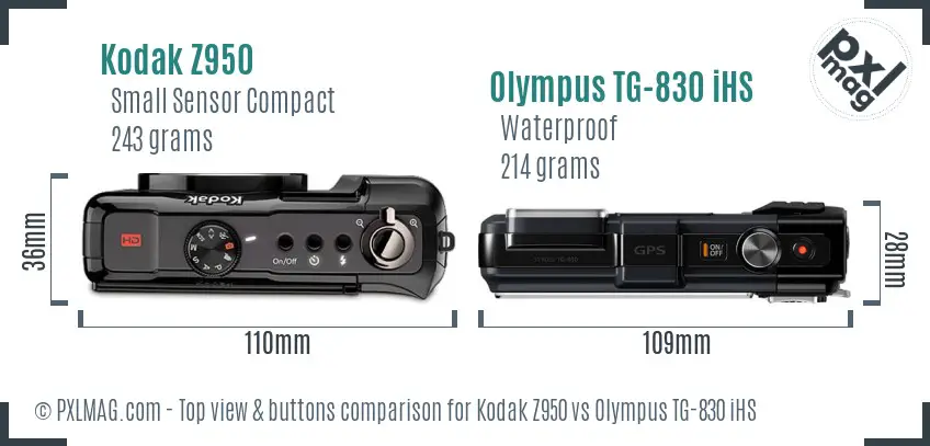 Kodak Z950 vs Olympus TG-830 iHS top view buttons comparison Kodak Z950 vs Olympus TG-830 iHS top view buttons comparison