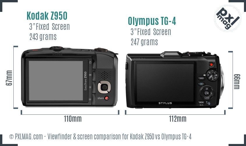 Kodak Z950 vs Olympus TG-4 Screen and Viewfinder comparison