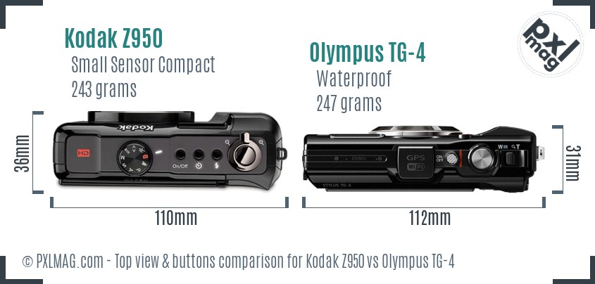 Kodak Z950 vs Olympus TG-4 top view buttons comparison