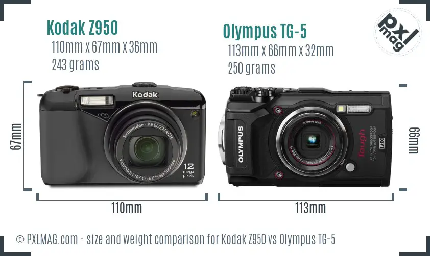 Kodak Z950 vs Olympus TG-5 size comparison