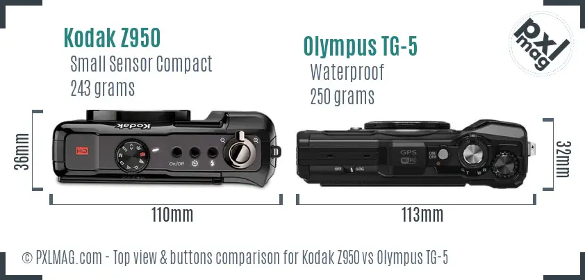 Kodak Z950 vs Olympus TG-5 top view buttons comparison