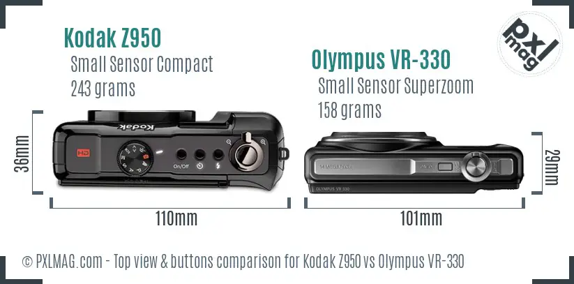 Kodak Z950 vs Olympus VR-330 top view buttons comparison Kodak Z950 vs Olympus VR-330 top view buttons comparison