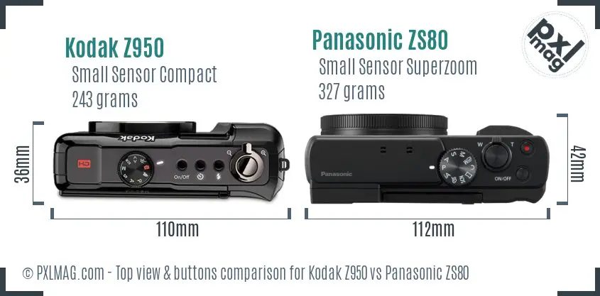 Kodak Z950 vs Panasonic ZS80 top view buttons comparison Kodak Z950 vs Panasonic ZS80 top view buttons comparison