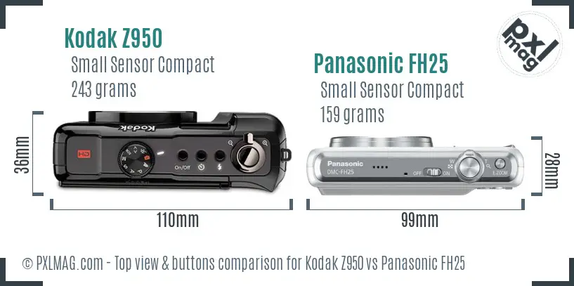 Kodak Z950 vs Panasonic FH25 top view buttons comparison Kodak Z950 vs Panasonic FH25 top view buttons comparison