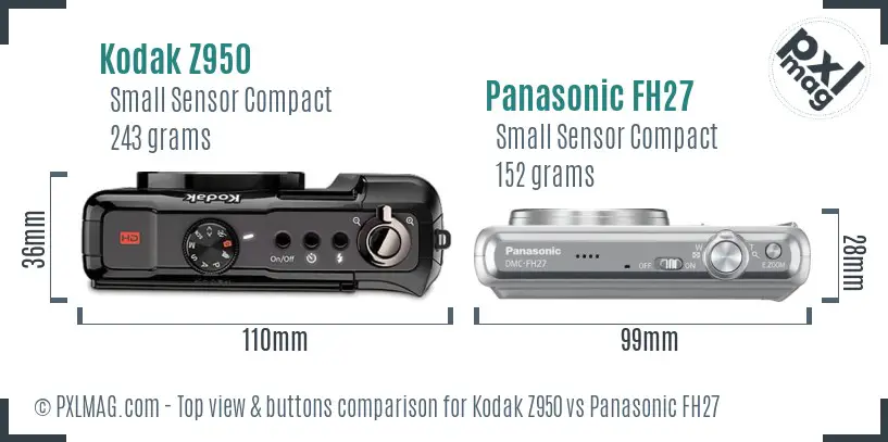 Kodak Z950 vs Panasonic FH27 top view buttons comparison Kodak Z950 vs Panasonic FH27 top view buttons comparison