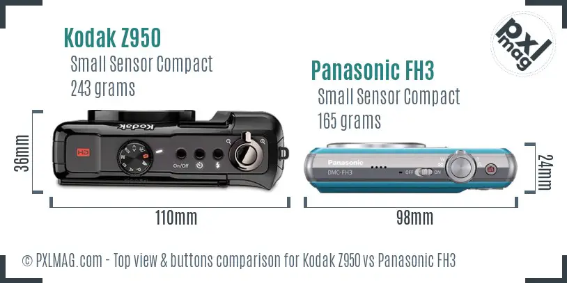 Kodak Z950 vs Panasonic FH3 top view buttons comparison
