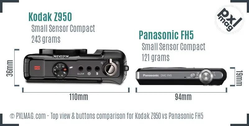 Kodak Z950 vs Panasonic FH5 top view buttons comparison Kodak Z950 vs Panasonic FH5 top view buttons comparison