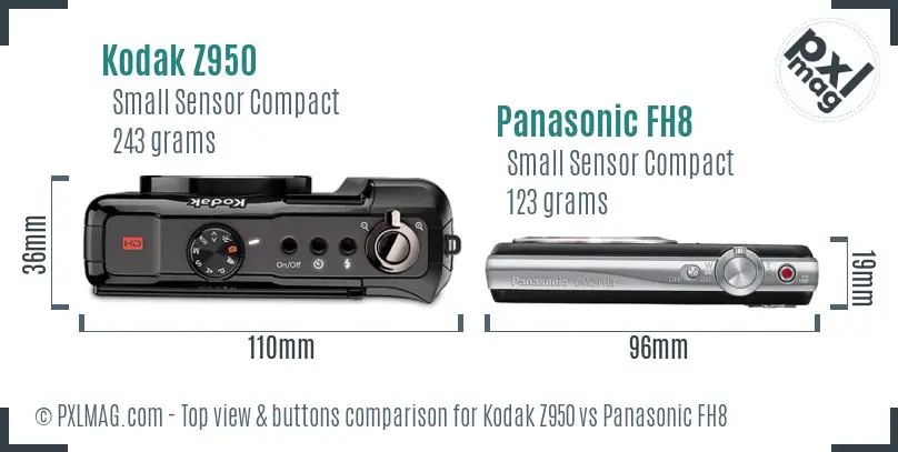 Kodak Z950 vs Panasonic FH8 top view buttons comparison