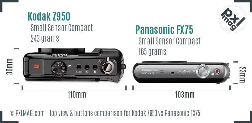 Kodak Z950 vs Panasonic FX75 top view buttons comparison