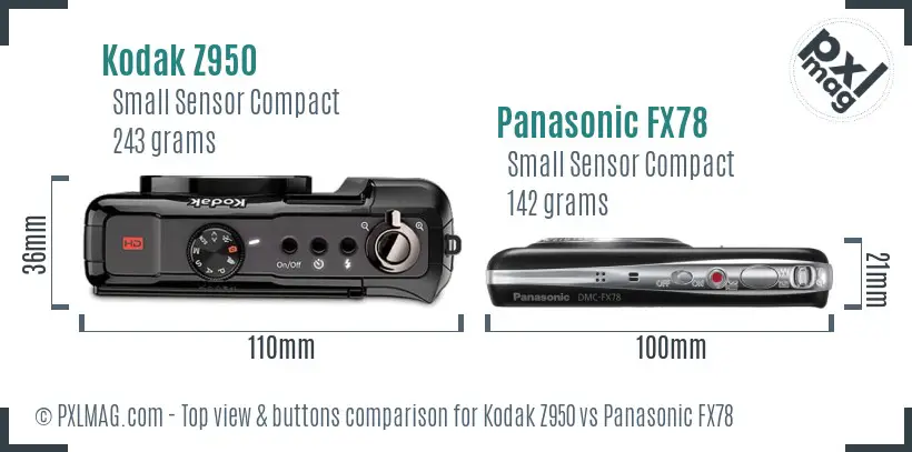 Kodak Z950 vs Panasonic FX78 top view buttons comparison