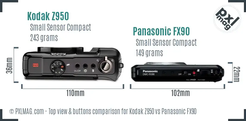 Kodak Z950 vs Panasonic FX90 top view buttons comparison