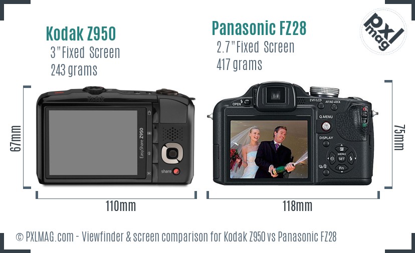 Kodak Z950 vs Panasonic FZ28 Screen and Viewfinder comparison